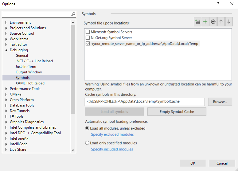 A screenshot of Microsoft Visual Studio; an example of Symbols    information viewed by navigating to: Tools > Options > Debugging >    Symbols.